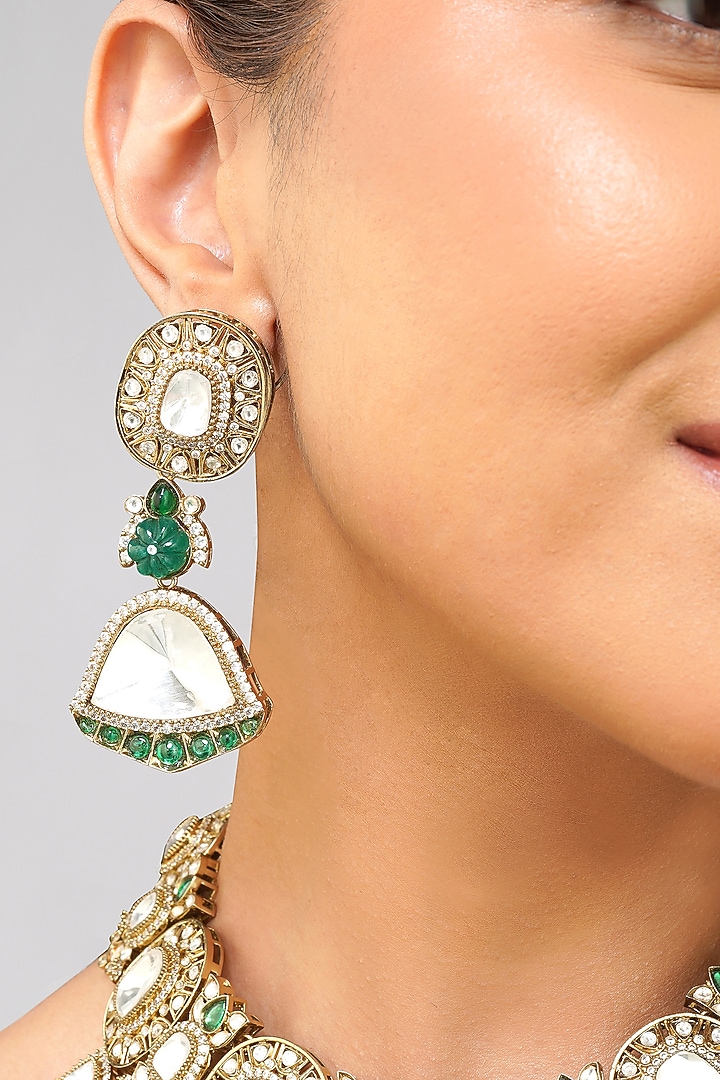 Gold Plated Kundan Polki & Emerald Green Pearl Necklace Set by Beryachi at Pernia's Pop Up Shop