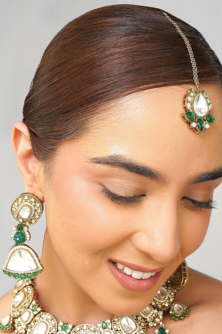 Gold Plated Kundan Polki & Emerald Green Pearl Necklace Set by Beryachi at Pernia's Pop Up Shop