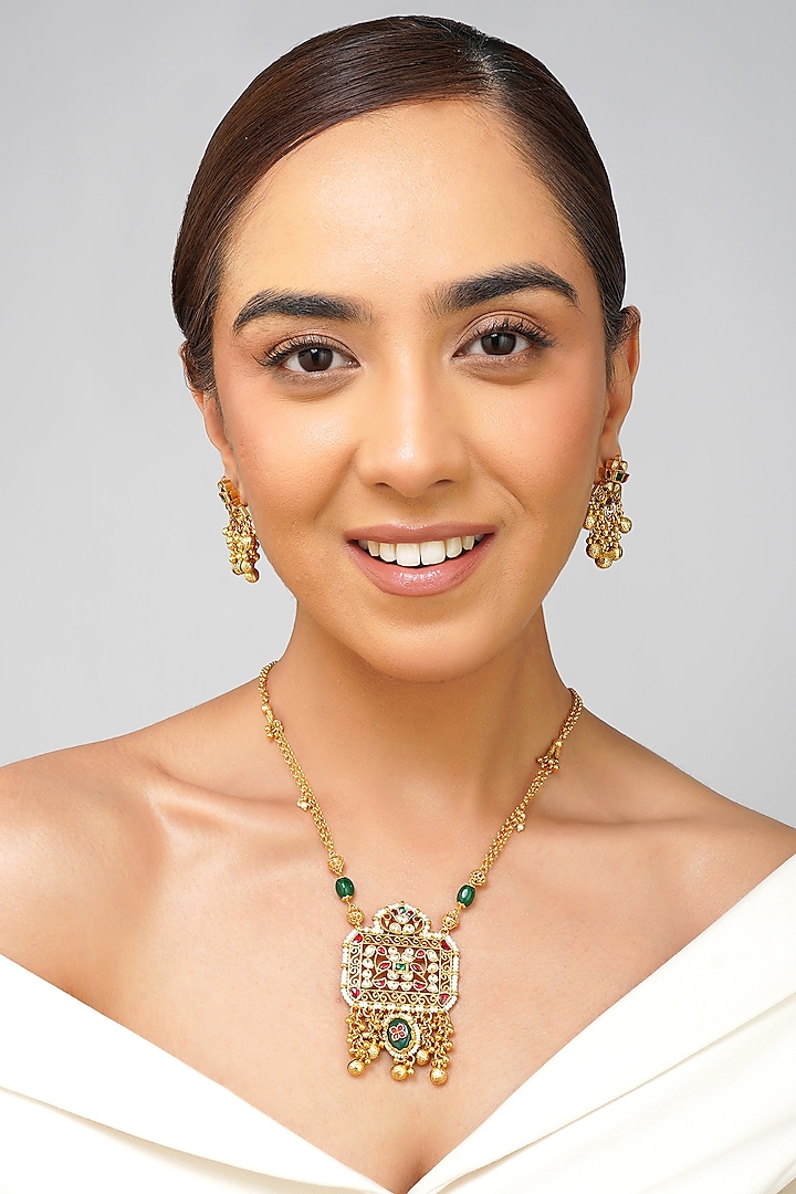 Gold Plated Kundan Polki & Emerald Green Pearl Pendant Necklace Set by Beryachi at Pernia's Pop Up Shop