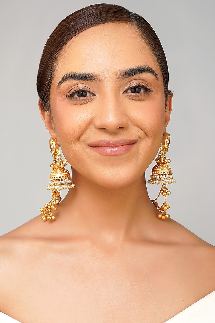 Gold Plated Kundan Polki Jhumka Earrings by Beryachi at Pernia's Pop Up Shop