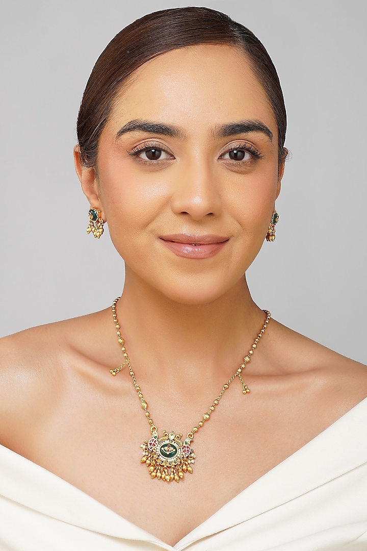 Gold Plated Kundan Polki & Emerald Green Pearl Pendant Necklace Set by Beryachi at Pernia's Pop Up Shop
