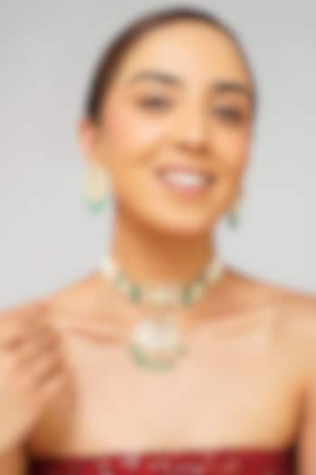 Gold Plated Kundan Polki & Emerald Green Pearl Choker Necklace Set by Beryachi at Pernia's Pop Up Shop