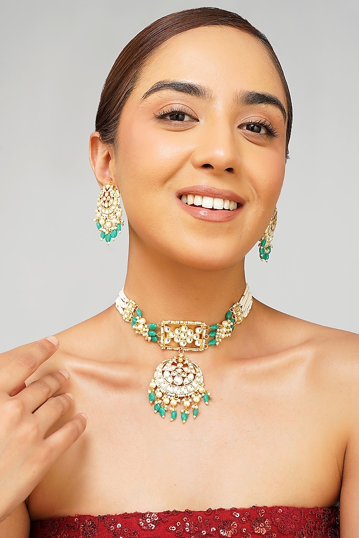 Gold Plated Kundan Polki & Emerald Green Pearl Choker Necklace Set by Beryachi at Pernia's Pop Up Shop