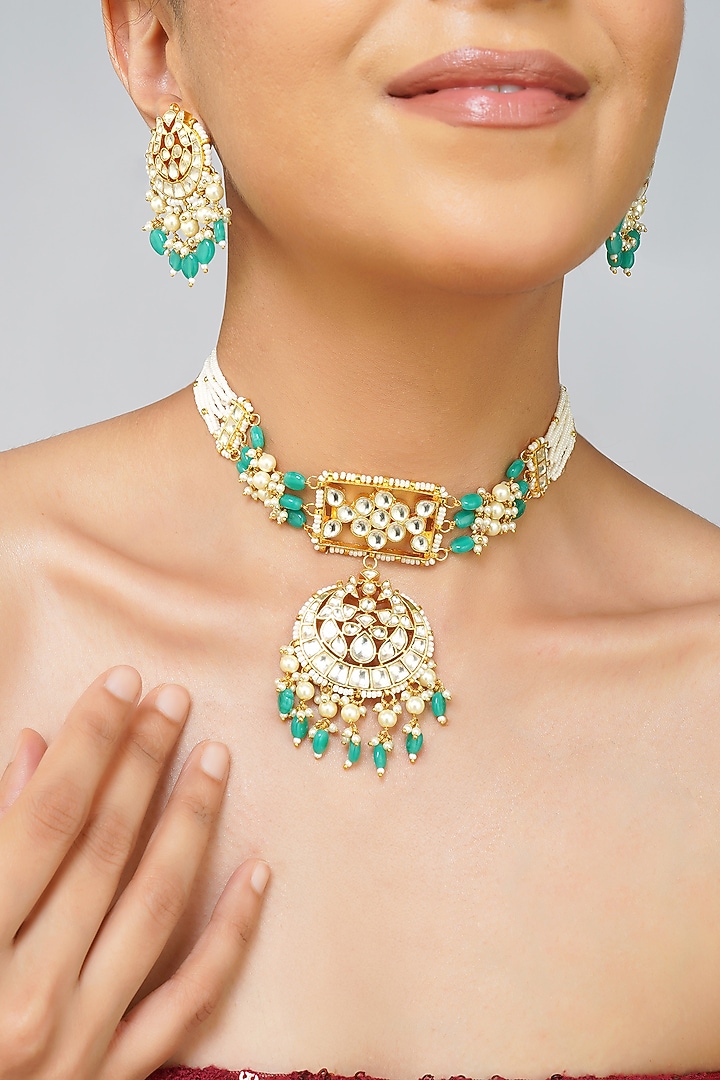 Gold Plated Kundan Polki & Emerald Green Pearl Choker Necklace Set by Beryachi at Pernia's Pop Up Shop