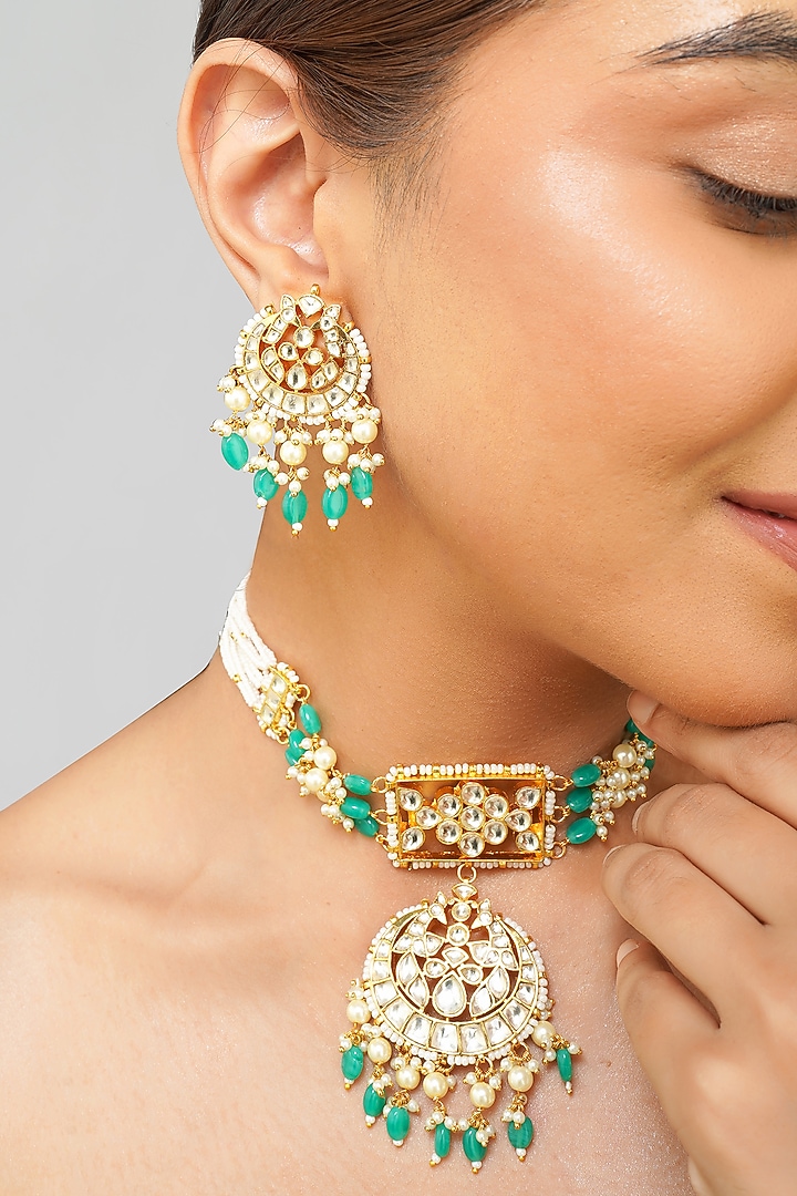 Gold Plated Kundan Polki & Emerald Green Pearl Choker Necklace Set by Beryachi at Pernia's Pop Up Shop