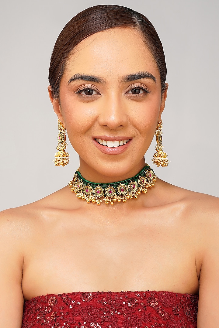Gold Plated Kundan Polki & Emerald Green Pearl Choker Necklace Set by Beryachi at Pernia's Pop Up Shop