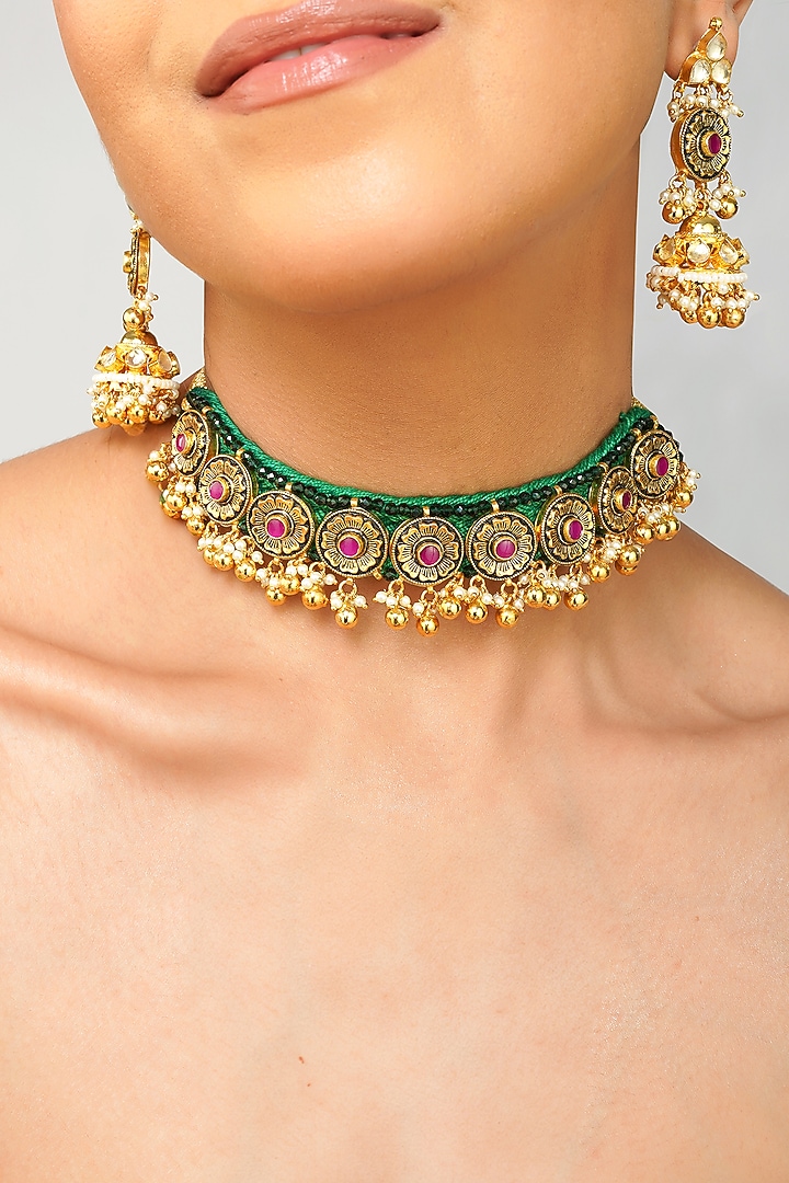 Gold Plated Kundan Polki & Emerald Green Pearl Choker Necklace Set by Beryachi at Pernia's Pop Up Shop
