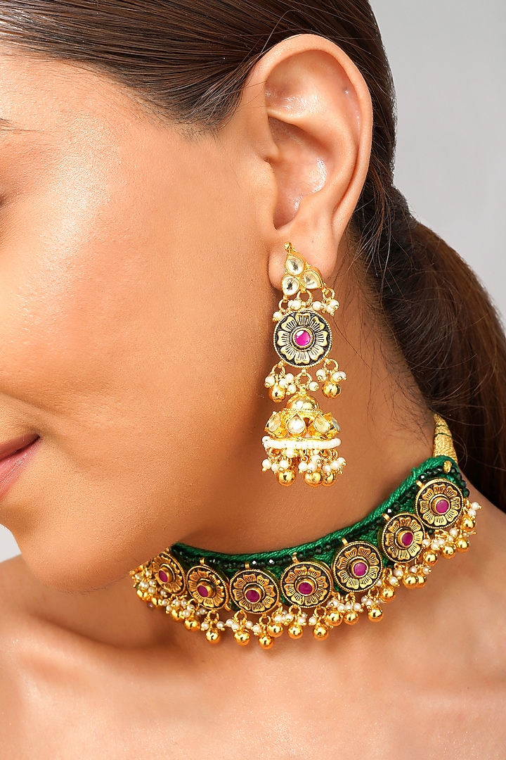 Gold Plated Kundan Polki & Emerald Green Pearl Choker Necklace Set by Beryachi at Pernia's Pop Up Shop