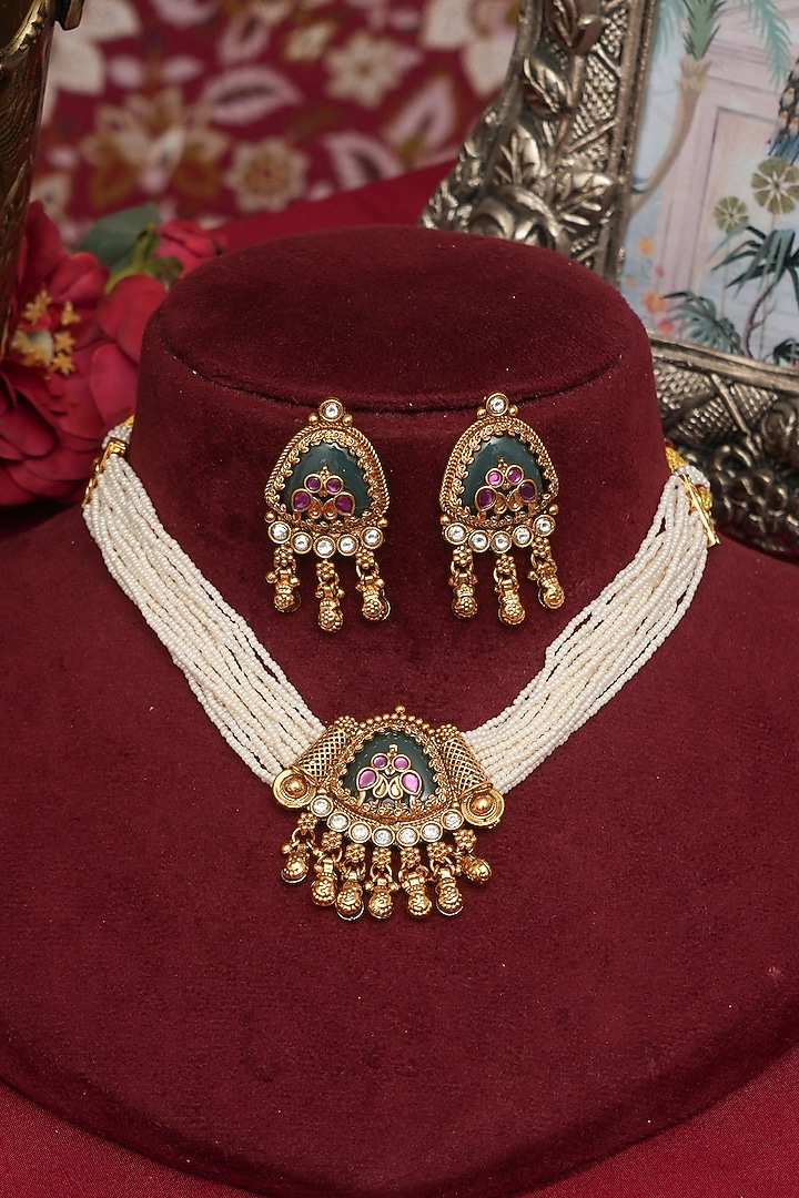 Gold Finish Multi-Colored Kundan Polki Rajwadi Choker Necklace Set by Beryachi at Pernia's Pop Up Shop