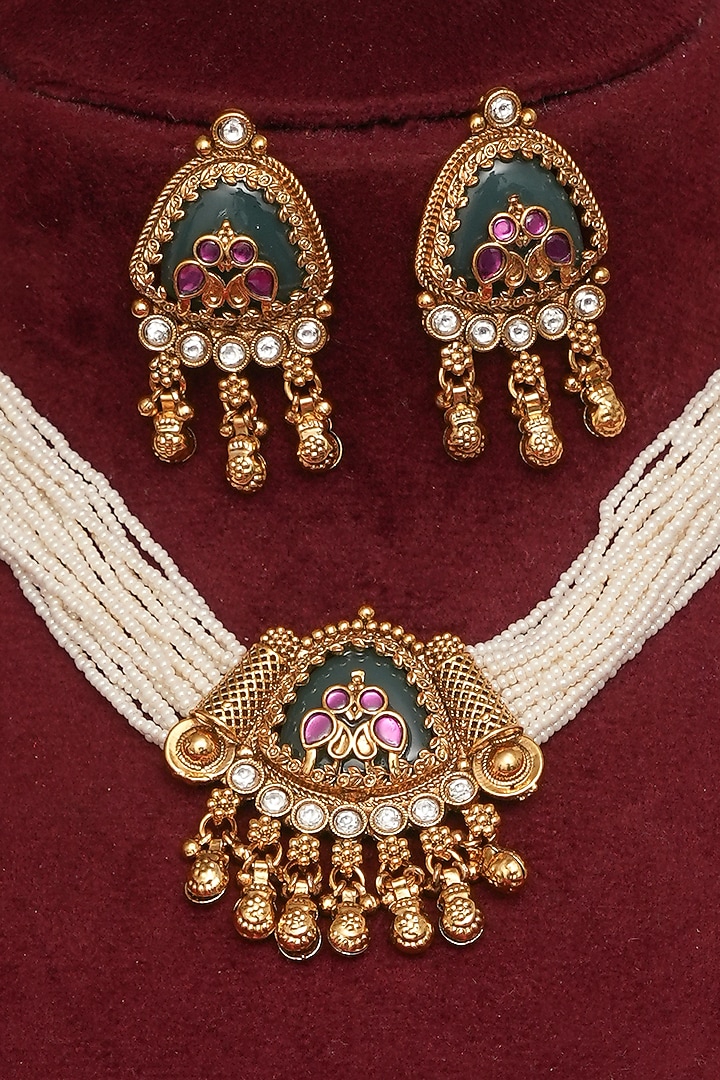 Gold Finish Multi-Colored Kundan Polki Rajwadi Choker Necklace Set by Beryachi at Pernia's Pop Up Shop