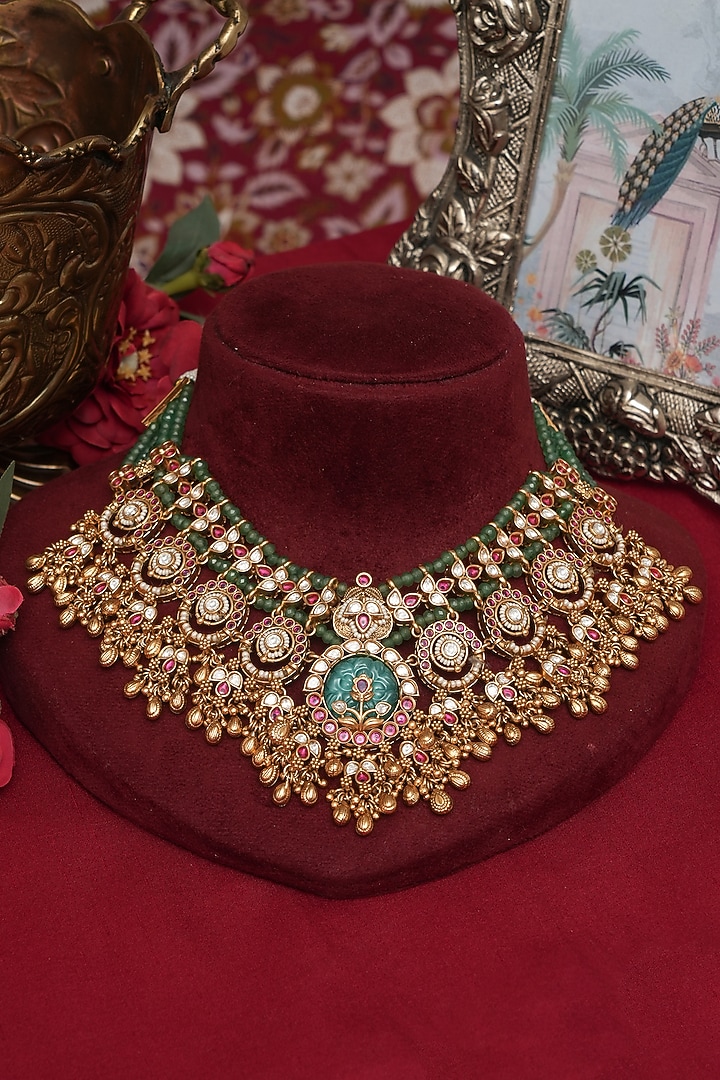 Gold Finish Multi-Colored Kundan Polki Necklace Set by Beryachi at Pernia's Pop Up Shop