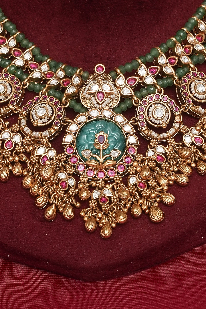 Gold Finish Multi-Colored Kundan Polki Necklace Set by Beryachi at Pernia's Pop Up Shop