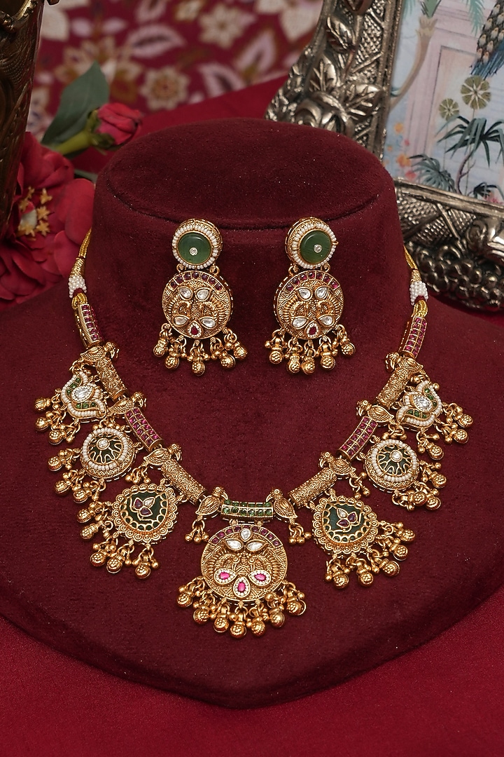 Gold Finish Multi-Colored Kundan Polki Long Necklace Set by Beryachi at Pernia's Pop Up Shop