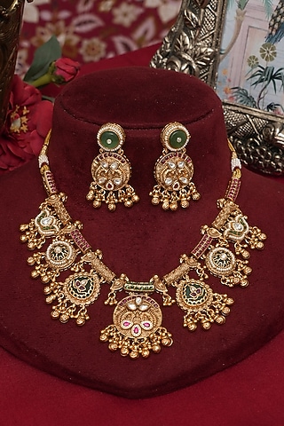 Gold Finish Multi-Colored Kundan Polki Long Necklace Set by Beryachi