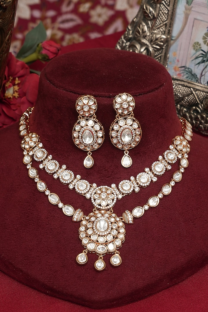 Gold Finish Multi-Colored Kundan Polki Layered Necklace Set by Beryachi at Pernia's Pop Up Shop