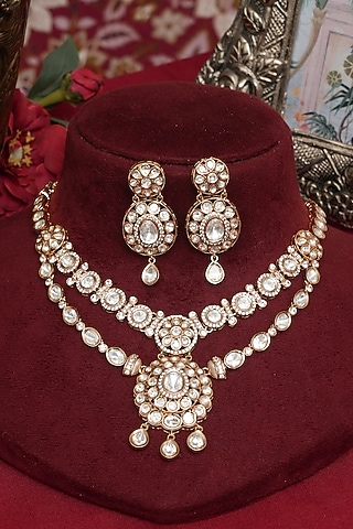 Gold Finish Multi-Colored Kundan Polki Layered Necklace Set by Beryachi