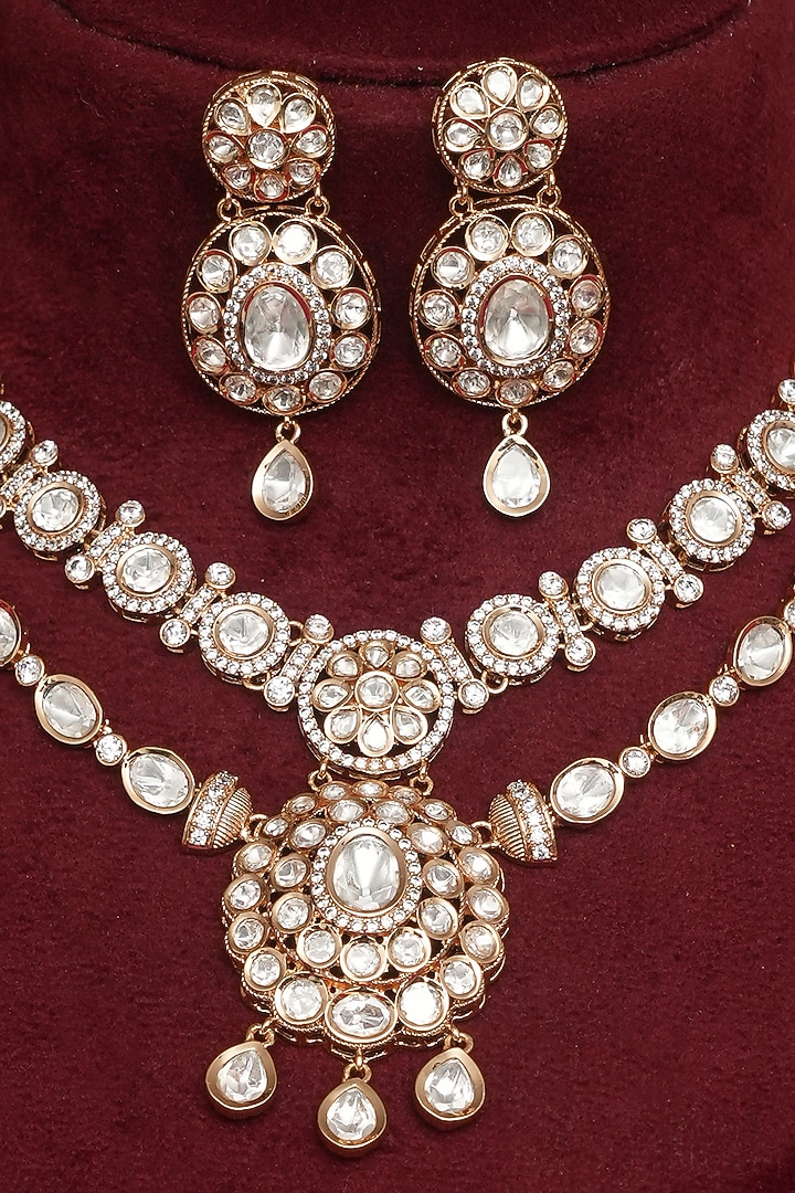 Gold Finish Multi-Colored Kundan Polki Layered Necklace Set by Beryachi at Pernia's Pop Up Shop