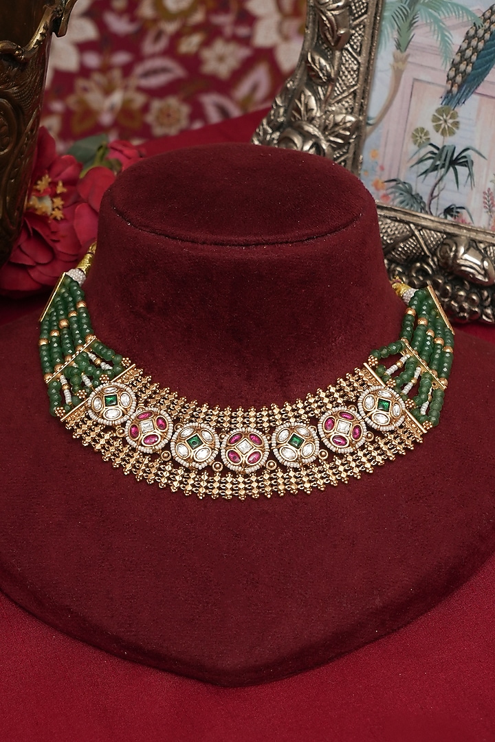 Gold Finish Multi-Colored Kundan Polki & Emerald Green Beaded Necklace Set by Beryachi at Pernia's Pop Up Shop