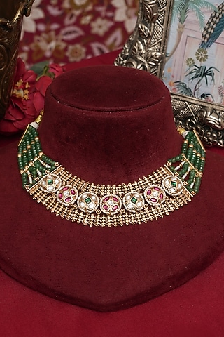 Gold Finish Multi-Colored Kundan Polki & Emerald Green Beaded Necklace Set by Beryachi