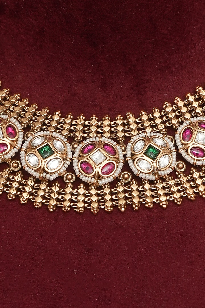 Gold Finish Multi-Colored Kundan Polki & Emerald Green Beaded Necklace Set by Beryachi at Pernia's Pop Up Shop