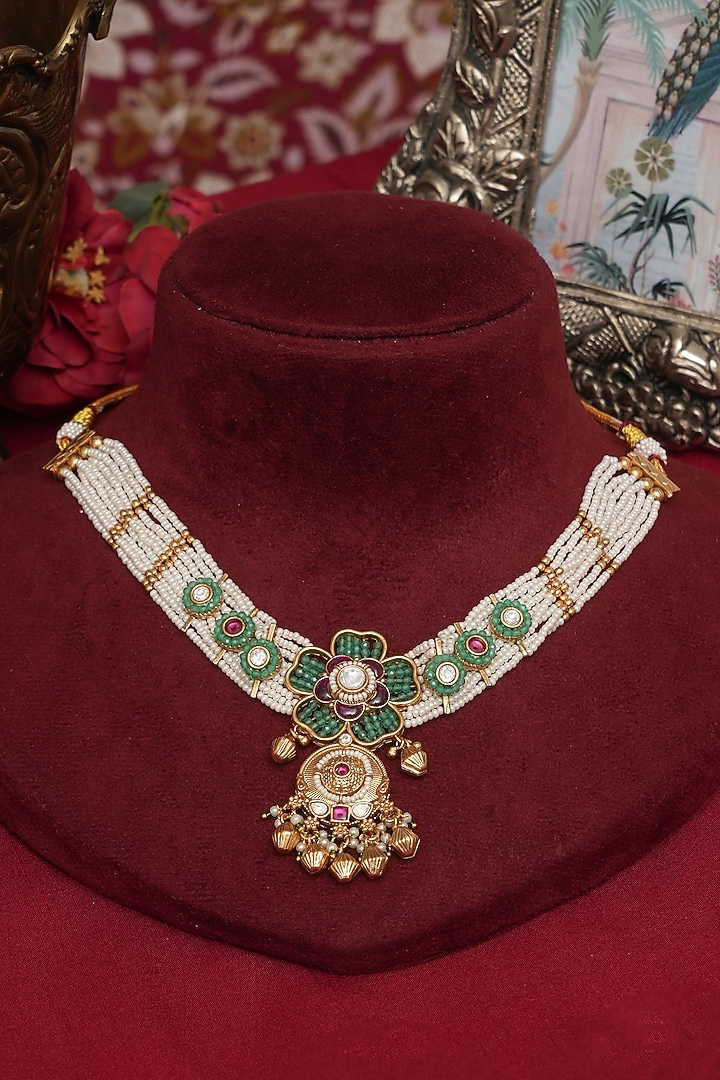 Gold Finish Multi-Colored Kundan Polki & Pearl Necklace Set by Beryachi at Pernia's Pop Up Shop