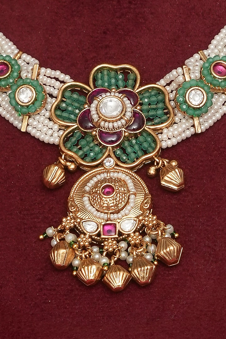 Gold Finish Multi-Colored Kundan Polki & Pearl Necklace Set by Beryachi at Pernia's Pop Up Shop