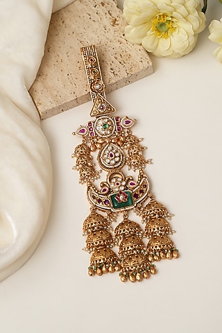 Gold Finish Multi-Colored Kundan Polki & Pearl Challa by Beryachi