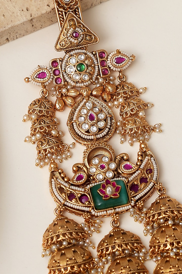 Gold Finish Multi-Colored Kundan Polki & Pearl Challa by Beryachi at Pernia's Pop Up Shop