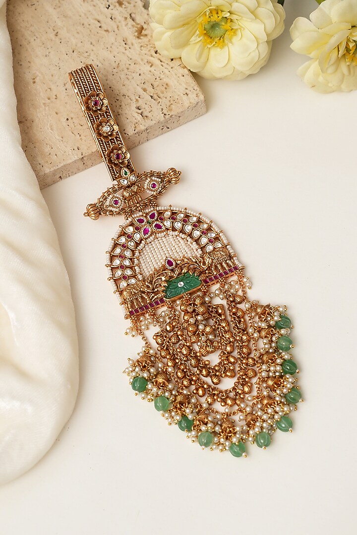 Gold Finish Multi-Colored Kundan Polki & Pearl Challa by Beryachi at Pernia's Pop Up Shop