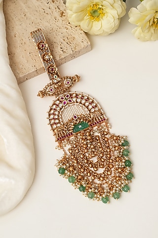 Gold Finish Multi-Colored Kundan Polki & Pearl Challa by Beryachi