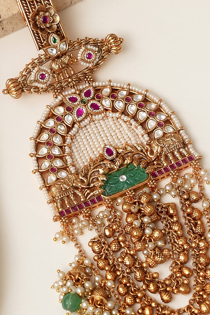 Gold Finish Multi-Colored Kundan Polki & Pearl Challa by Beryachi at Pernia's Pop Up Shop