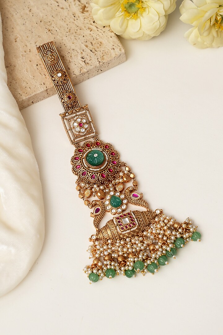 Gold Finish Multi-Colored Kundan Polki & Pearl Challa by Beryachi at Pernia's Pop Up Shop