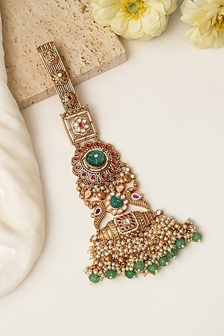 Gold Finish Multi-Colored Kundan Polki & Pearl Challa by Beryachi