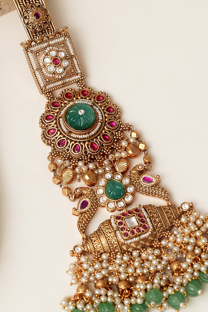 Gold Finish Multi-Colored Kundan Polki & Pearl Challa by Beryachi at Pernia's Pop Up Shop