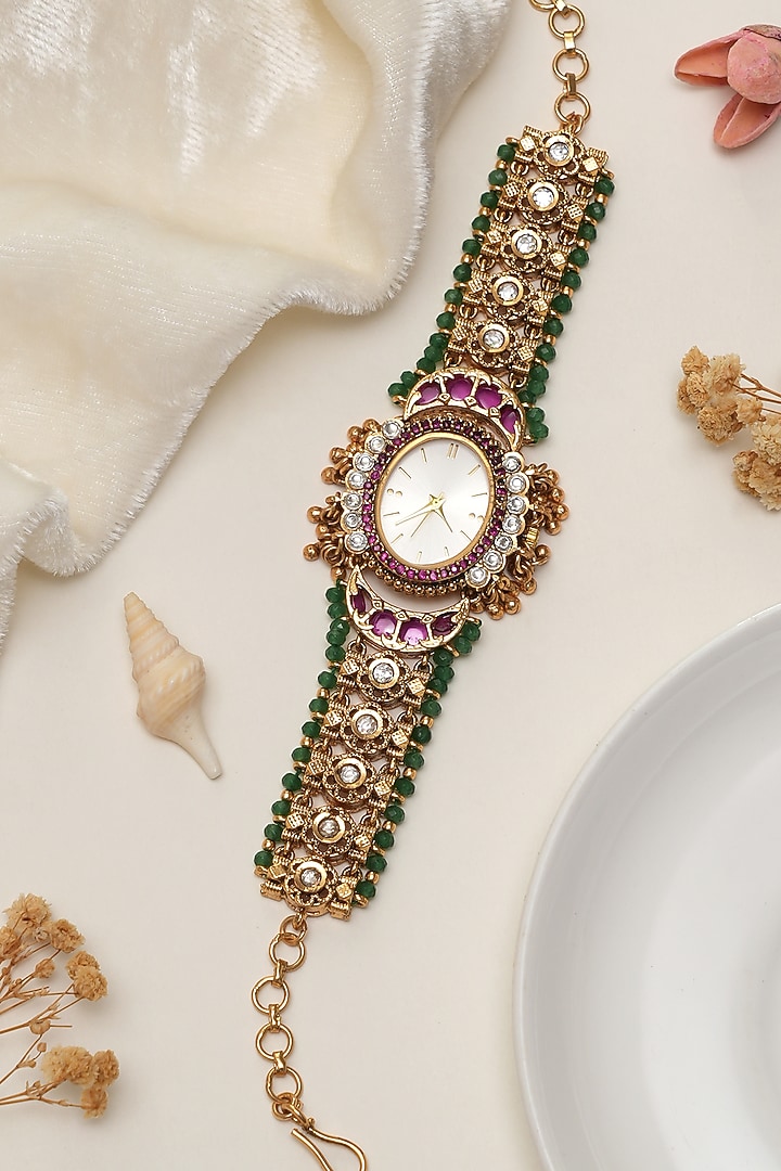 Gold Finish Multi-Colored Kundan Polki Adjustable Watch Bracelet by Beryachi at Pernia's Pop Up Shop