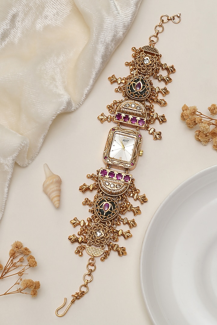 Gold Finish Multi-Colored Kundan Polki Adjustable Watch Bracelet by Beryachi at Pernia's Pop Up Shop