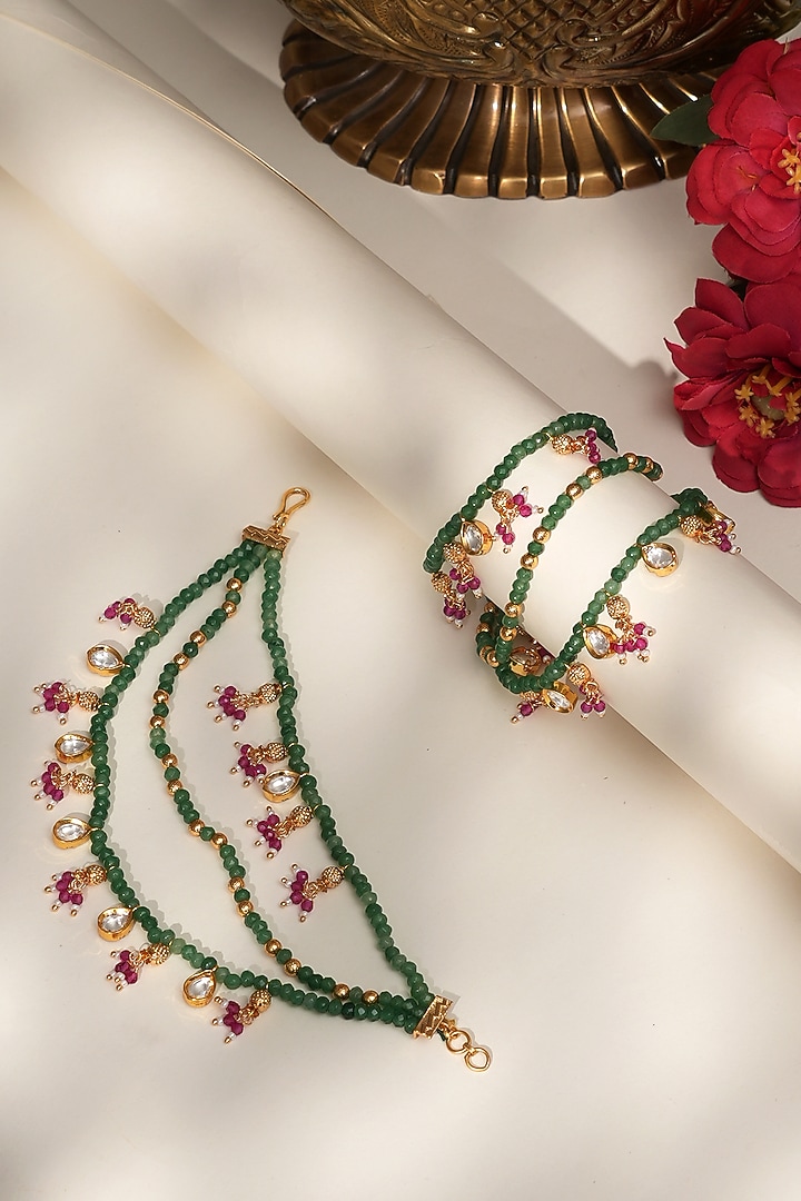 Gold Finish Kundan Polki & Green Beaded Adjustable Earchains by Beryachi at Pernia's Pop Up Shop