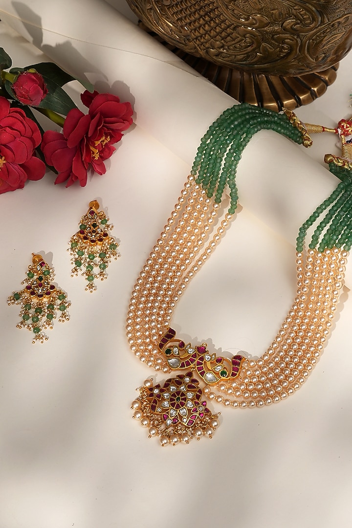 Gold Finish Gold & Green Beaded Jadau Long Necklace Set by Beryachi at Pernia's Pop Up Shop