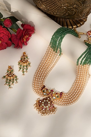 Gold Finish Gold & Green Beaded Jadau Long Necklace Set by Beryachi