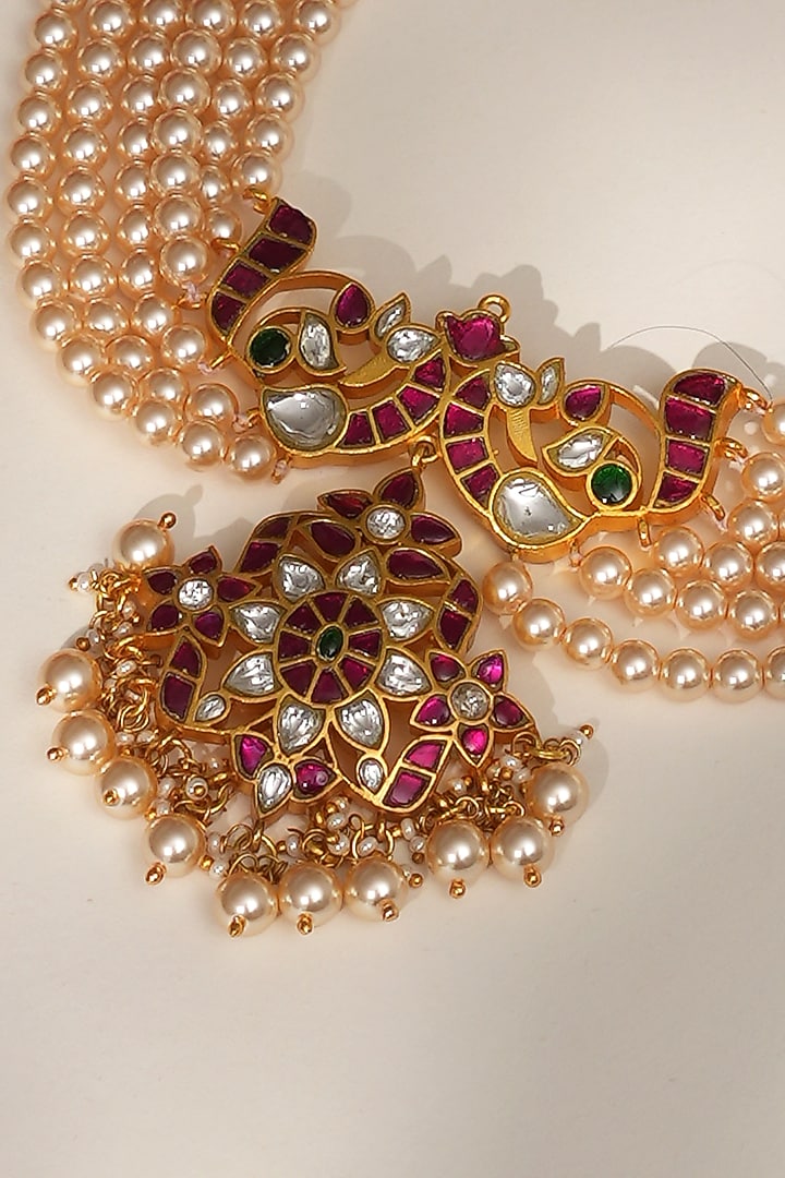 Gold Finish Gold & Green Beaded Jadau Long Necklace Set by Beryachi at Pernia's Pop Up Shop
