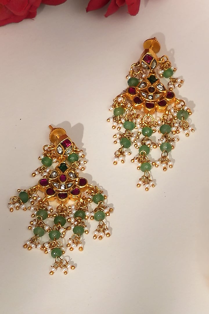 Gold Finish Gold & Green Beaded Jadau Long Necklace Set by Beryachi at Pernia's Pop Up Shop