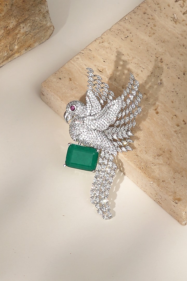White Finish Diamond & Green Stone Songbird Brooch by Beryachi at Pernia's Pop Up Shop
