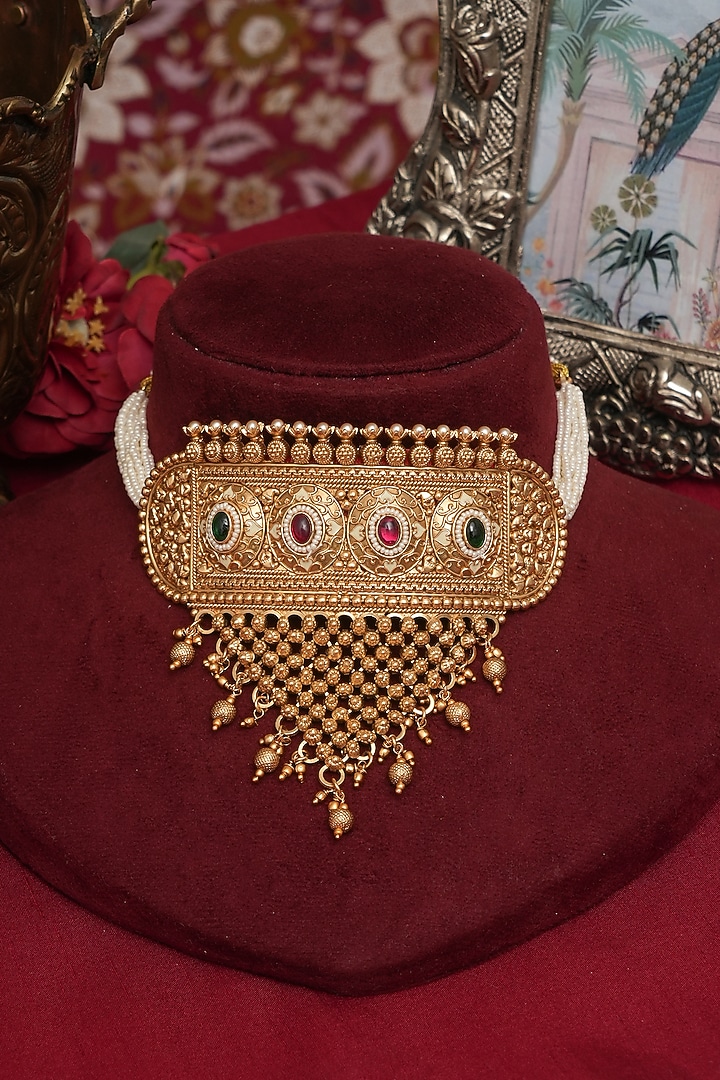 Gold Finish Multi-Colored Kundan Polki Choker Necklace Set by Beryachi at Pernia's Pop Up Shop