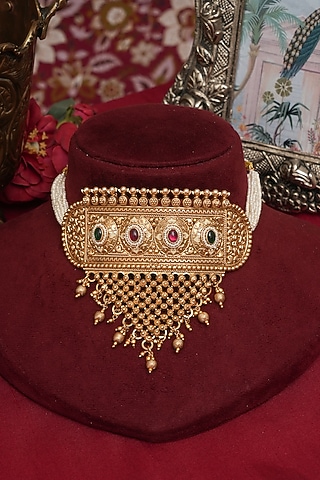 Gold Finish Multi-Colored Kundan Polki Choker Necklace Set by beryachi