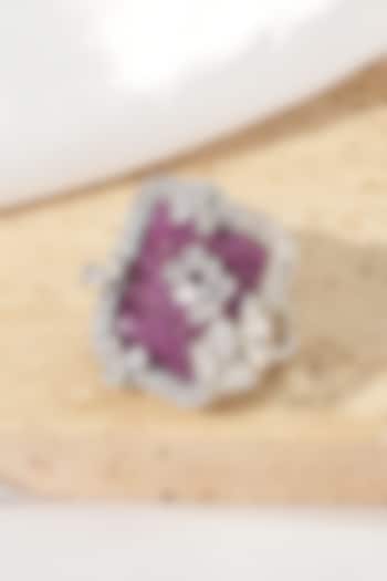 White Rhodium Finish Ruby Stone & American Diamond Adjustable Ring by Beryachi at Pernia's Pop Up Shop