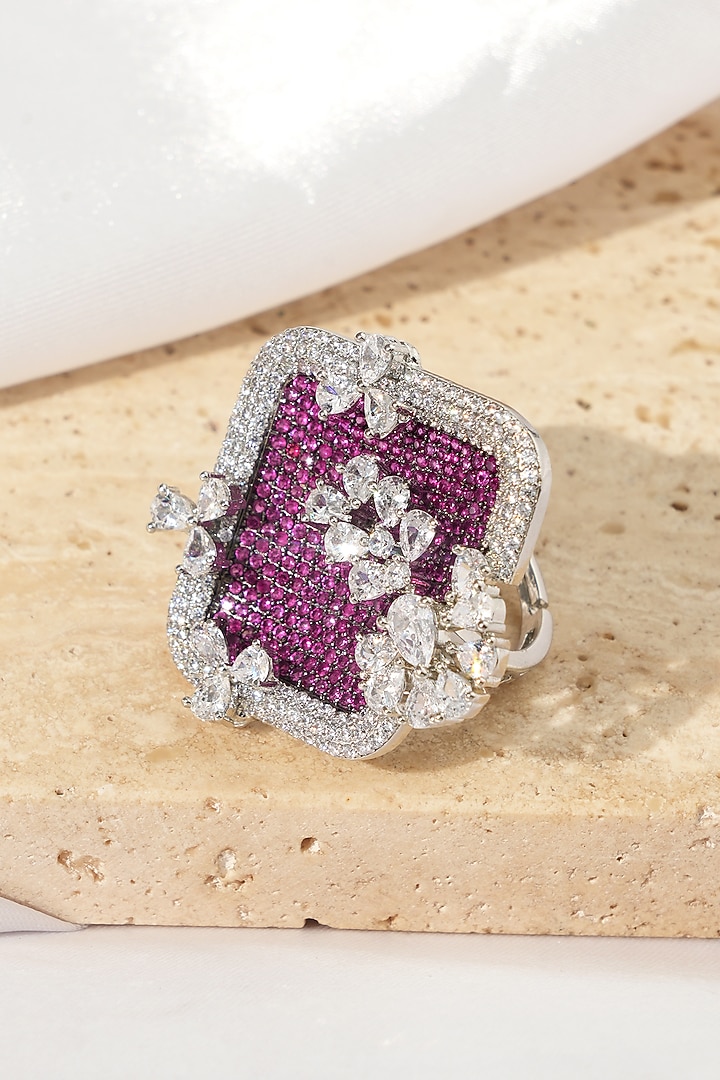 White Rhodium Finish Ruby Stone & American Diamond Adjustable Ring by Beryachi at Pernia's Pop Up Shop