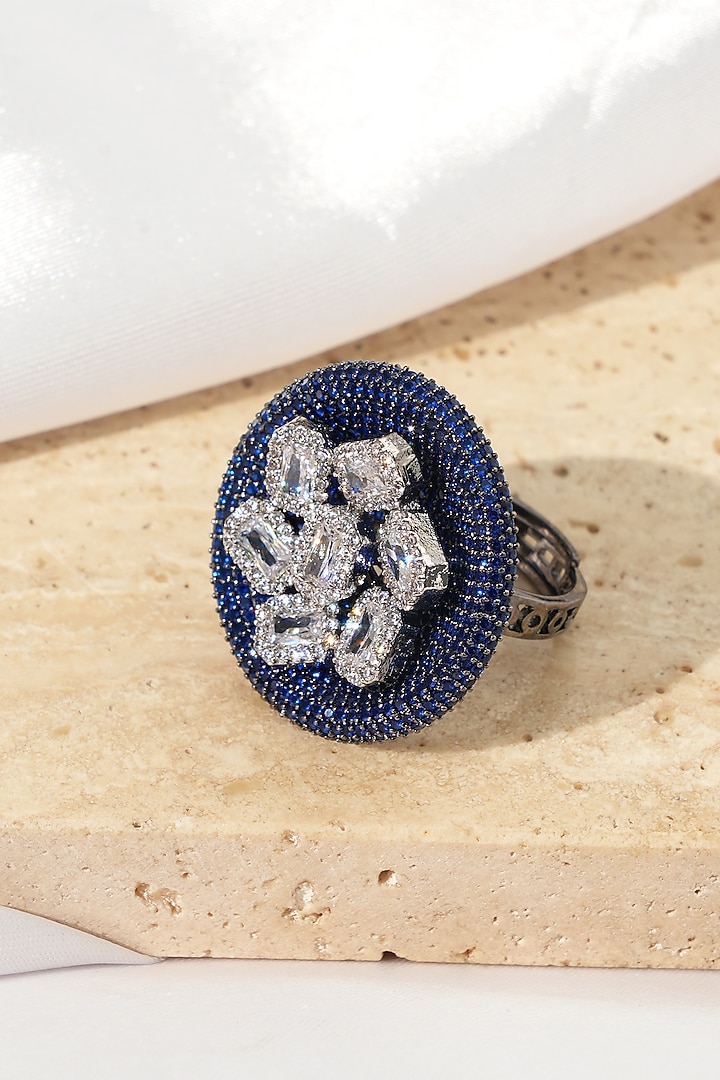 White Rhodium Finish Sapphire Stone & American Diamond Adjustable Ring by Beryachi at Pernia's Pop Up Shop