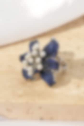 White Rhodium Finish Sapphire Stone & American Diamond Floral Adjustable Ring by Beryachi at Pernia's Pop Up Shop
