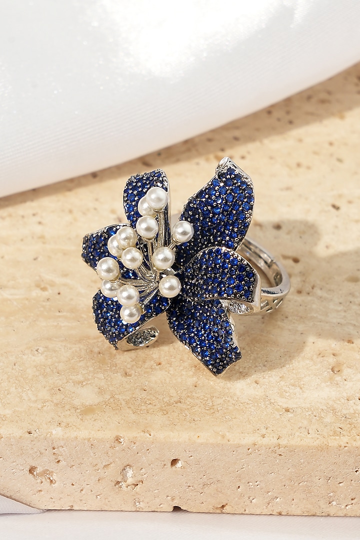 White Rhodium Finish Sapphire Stone & American Diamond Floral Adjustable Ring by Beryachi at Pernia's Pop Up Shop