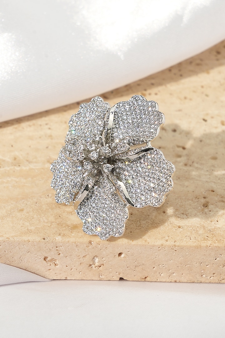 White Rhodium Finish American Diamond Floral Adjustable Ring by Beryachi at Pernia's Pop Up Shop